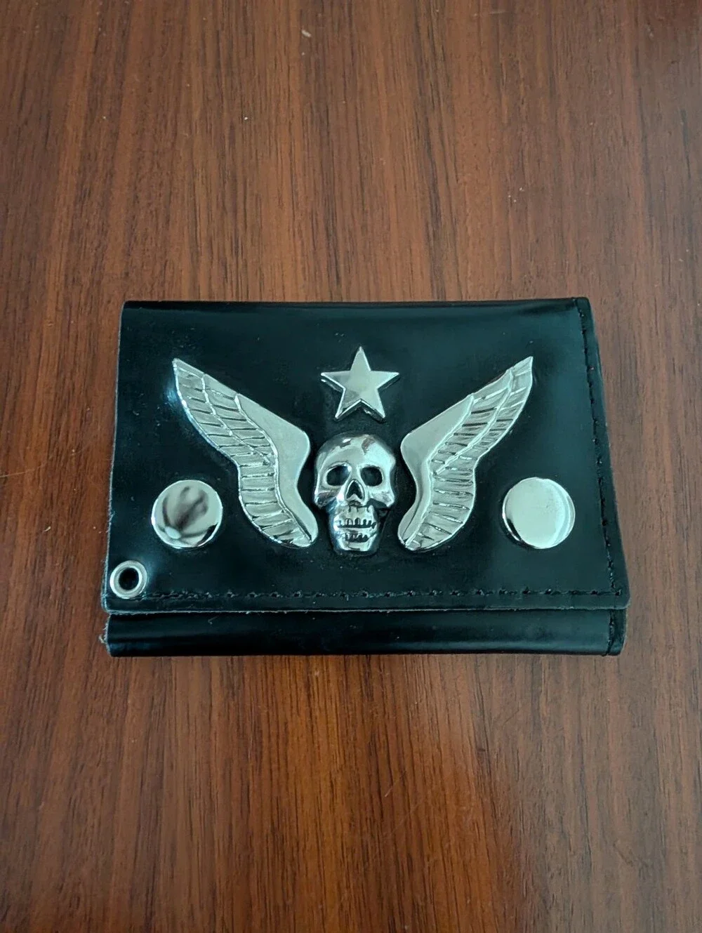 Vintage Tracker Wallet Skull Biker's Tri Fold Black Leather Wallet Missing Chain